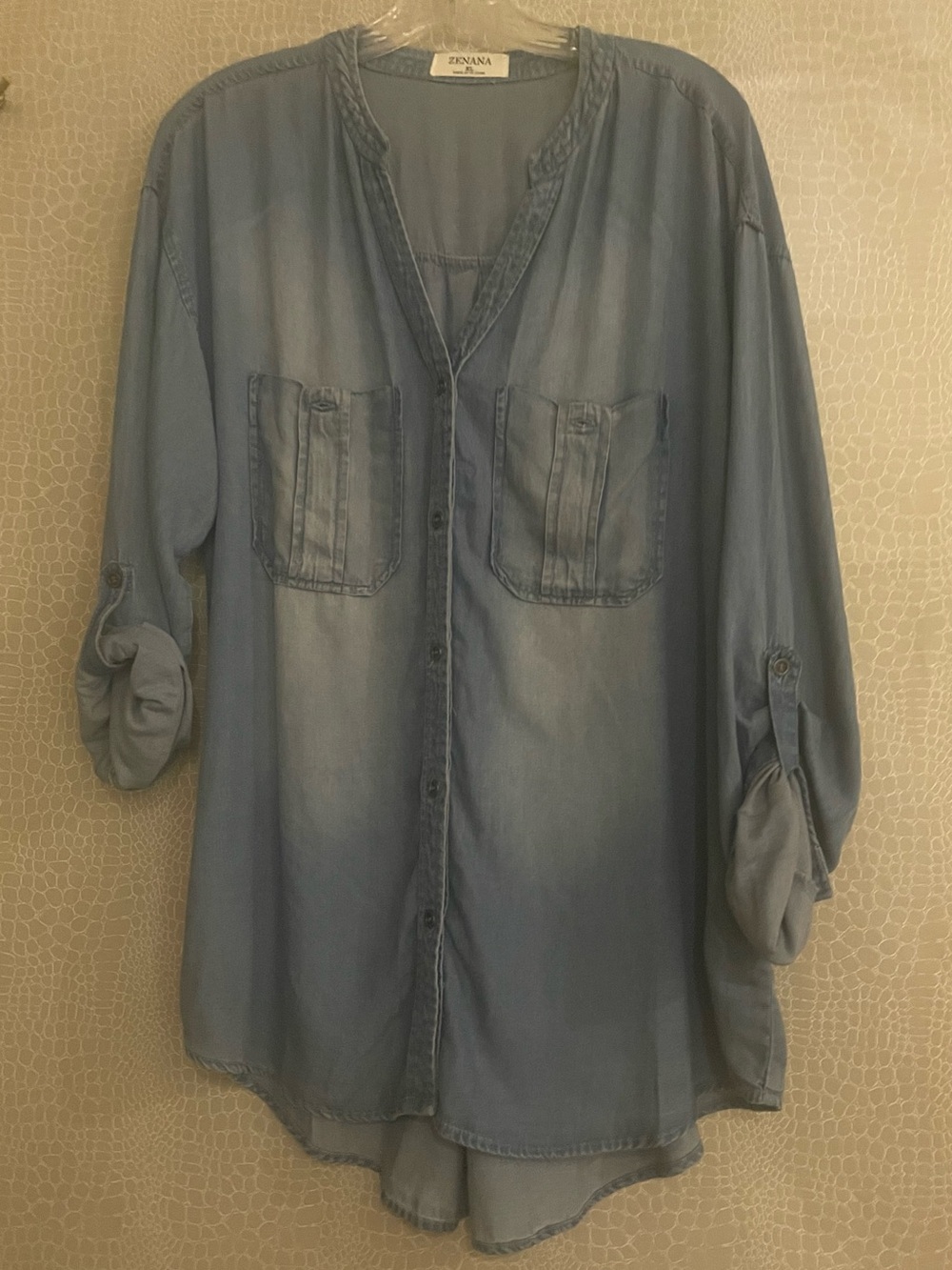 Zenana Outfitters Light Blue Denim-Look Button Front Tunic